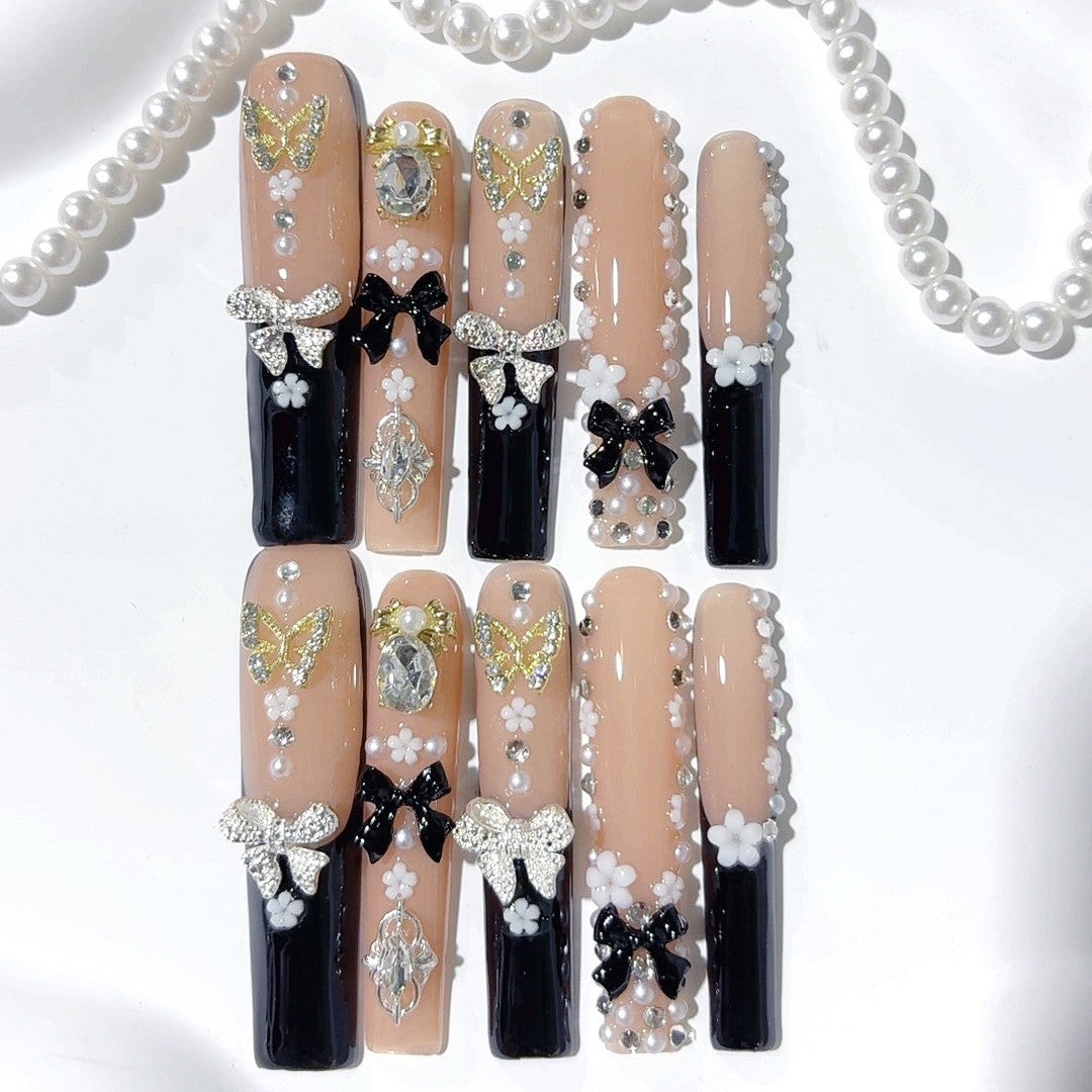 French Butterfly Bow Crystal Elegant Press On Nails