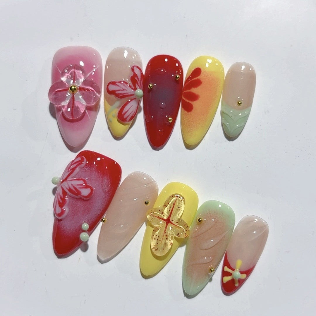 365nails-Tropical Bloom: "Vibrant Flower Starfish" – Almond Shape Handmade 3D Carved Press-On Nails