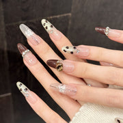 365nails: "Caramel Cocoa" – 3D Crystal & Polka Dot Handmade Oval Nails