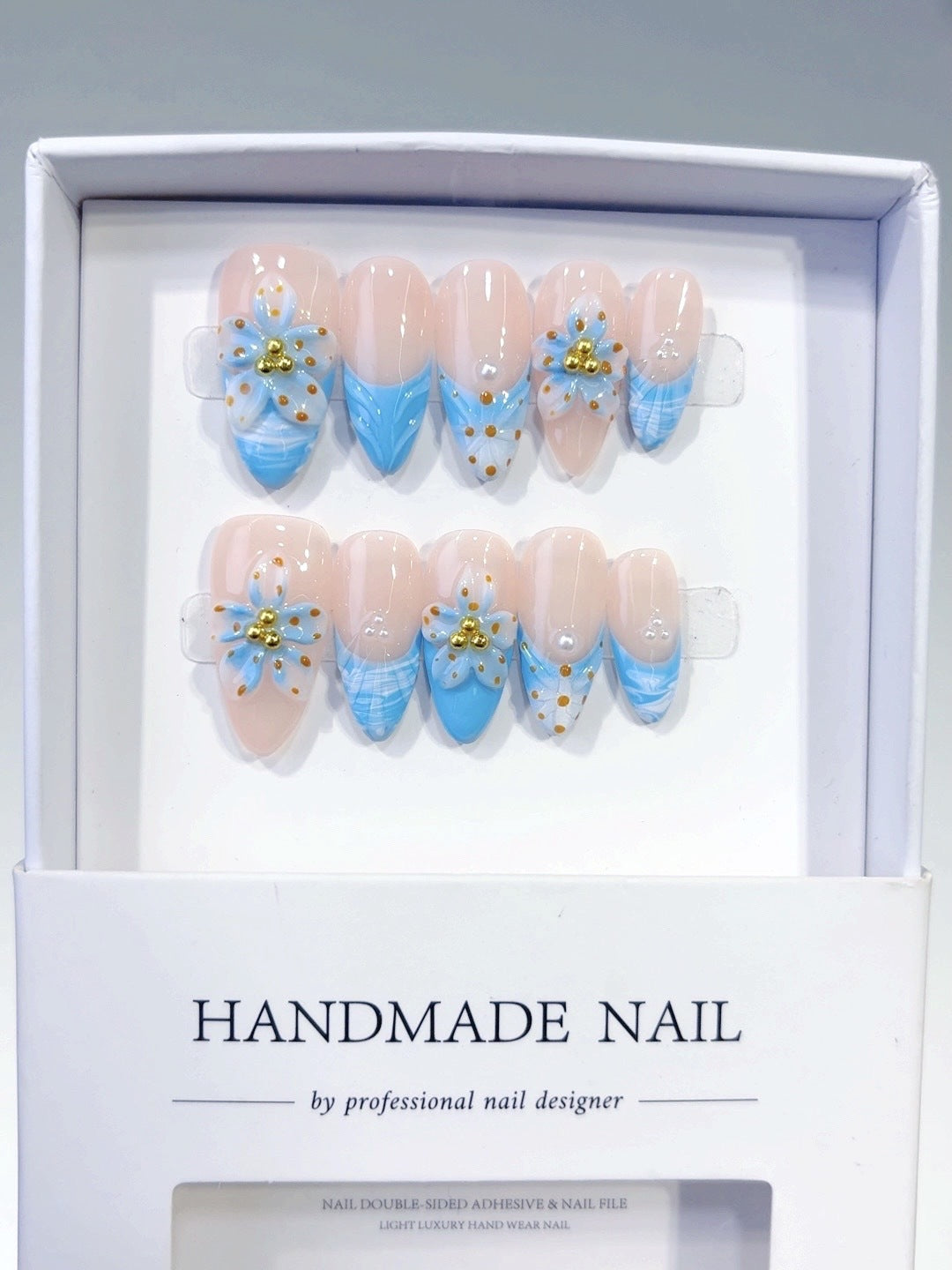Ocean Bloom: "Blue Petal" – Medium Almond Handmade Press On Nails