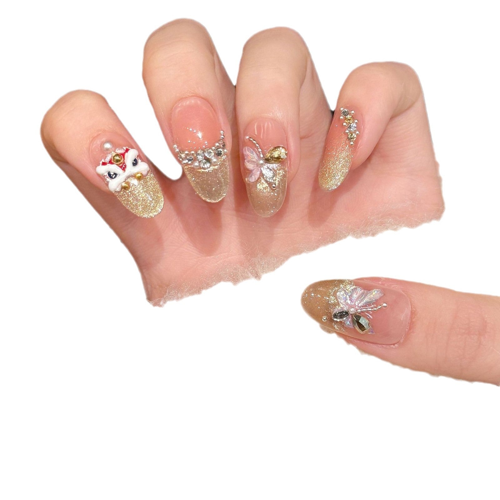 365nails: "Mariposa Dorada" – Dije de Mariposa 3D y Uñas Postizas Coffin Artesanales con Purpurina Dorada