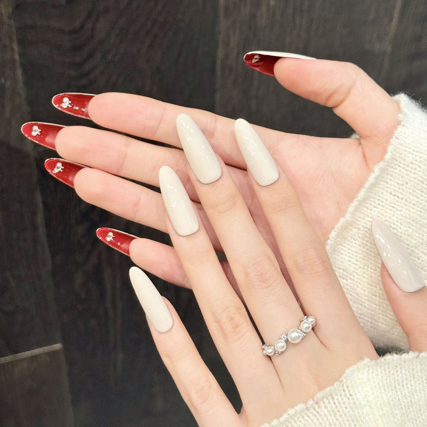 Velvet Red Nude Minimal Crystal Press On Nails