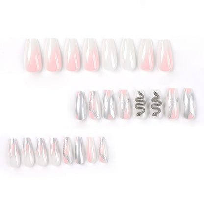 press on armor wholesale pink smudge silver flame chain three-dimensional snake-shaped rhinestone press on armor finished nails piece nails｜365nails