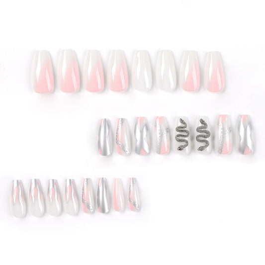 press on armor wholesale pink smudge silver flame chain three-dimensional snake-shaped rhinestone press on armor finished nails piece nails｜365nails
