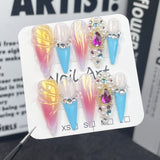 Unhas postiças feitas à mão, aerógrafo estilo Spice Girl, manicure francesa transparente com efeito gelo, unhas postiças usáveis｜365nails
