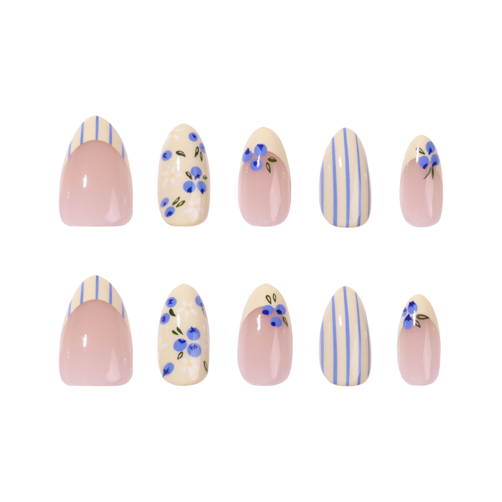 365nails: "Blueberry Floral Stripe Oval" – French Tip Press-on Nails