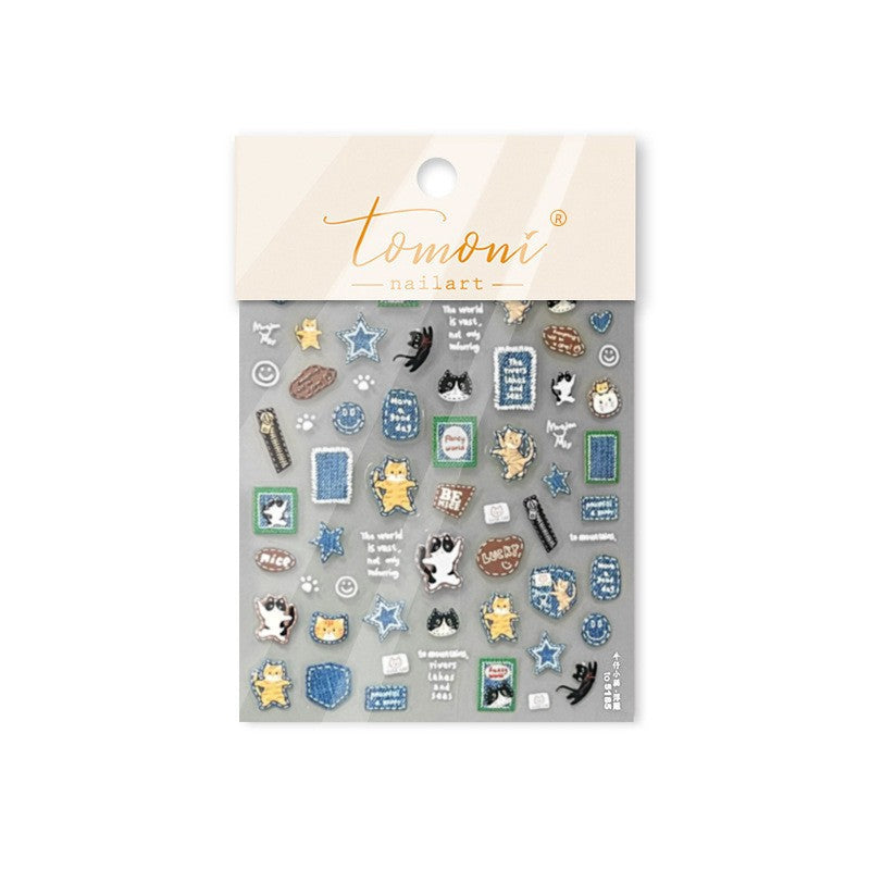 Denim Teddy Collection: "Denim Teddy & Cherry" – 3D Embossed Nail Sticker