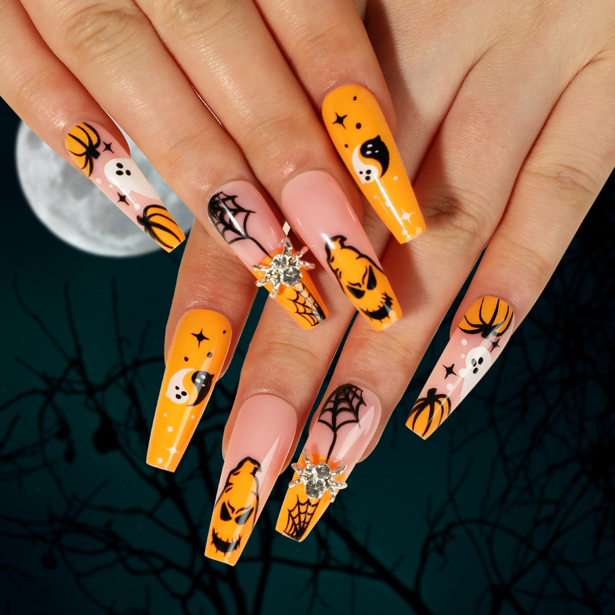 Unhas decoradas para Halloween, arte em unhas, aranha, strass, teia de aranha, fantasma branco, abóbora, unhas de pressão｜365nails