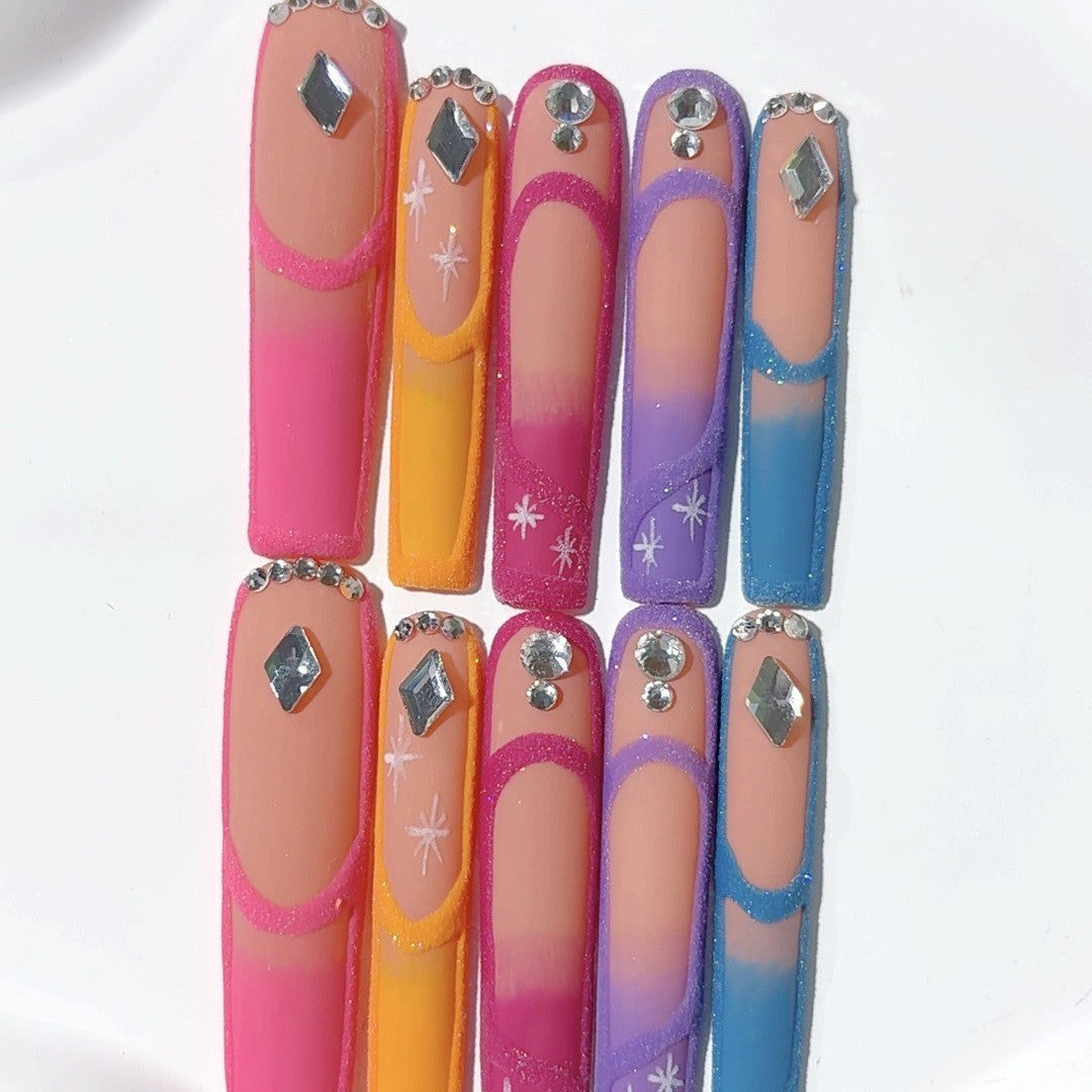 Retro Colorblock Crystal Gradient Press On Nails