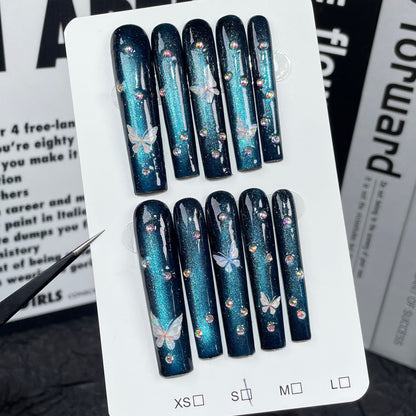 Handmade armor flash blue cat eye 5D relief butterfly  long nail art  super long water pipe nail｜365nails