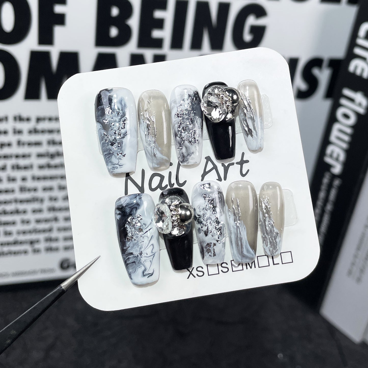 Handmade press on nails gray and white smudging temperament light luxury nail patch stack drill medium and long  sticker wholesale｜365nails