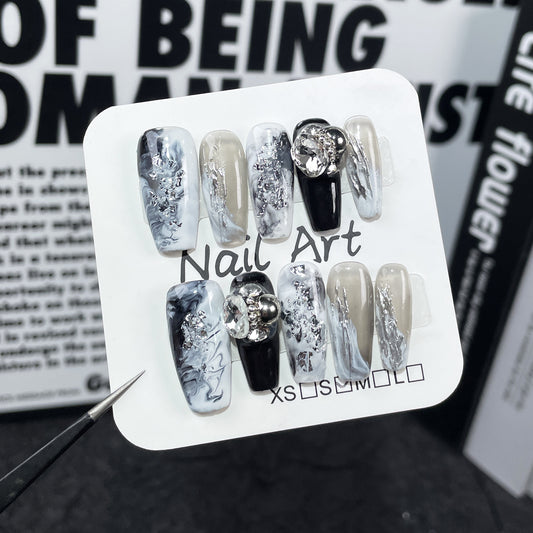 Handmade press on nails gray and white smudging temperament light luxury nail patch stack drill medium and long  sticker wholesale｜365nails