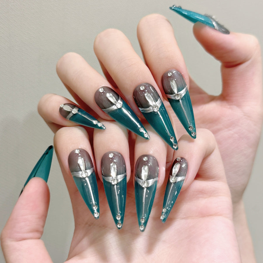 365nails: "Gilded Peacock" – Emerald French Tip Handmade Stiletto Nails