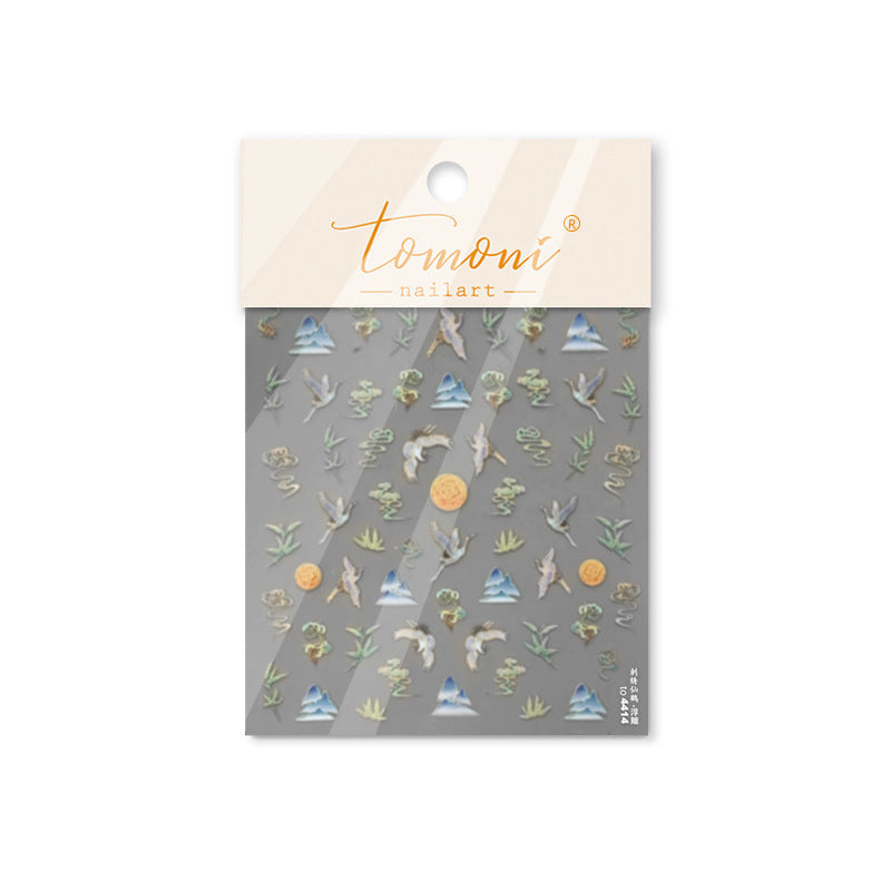 Oriental Mountain & Crane: "Serene Landscape" – 3D Embossed Nail Sticker