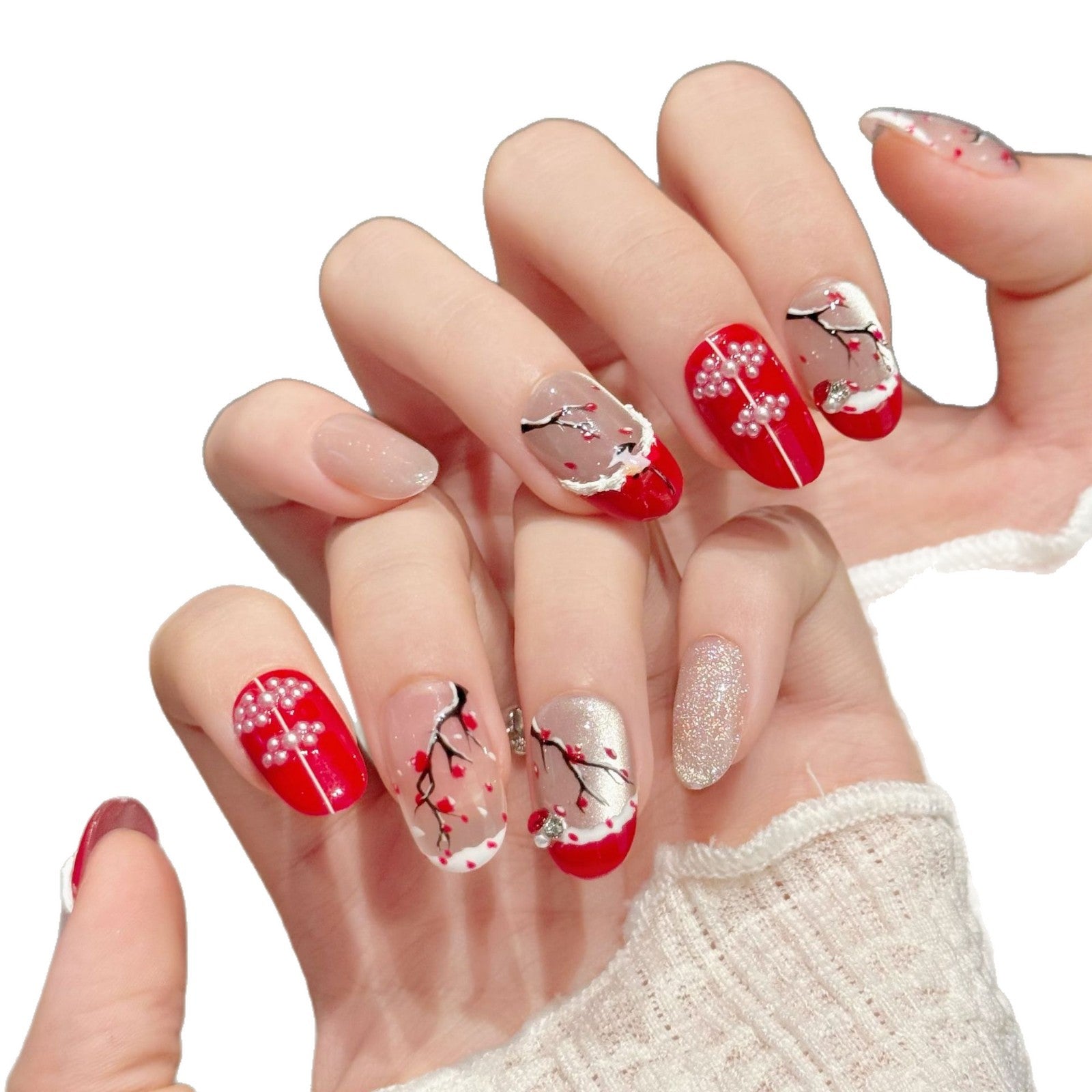 365nails: "Plum Blossom Snow" – Hand-Painted Ink & Red French Tip Handmade Almond Nails