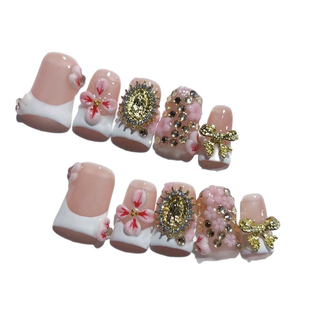 Vintage Luxury: "Blossom Regal" – Short Square Nude & Pink Floral Handmade Press-On