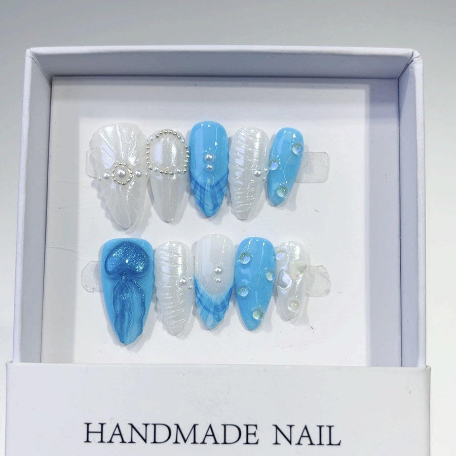 365nails: "Azure Shell Mermaid" – Medium Almond Blue-White Shell Handmade Press-On Nails