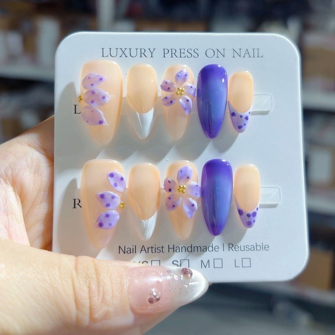 365nails-Purple Fantasy: "Lavender Bloom" – Almond Shape Handmade 3D Carved Press-On Nails