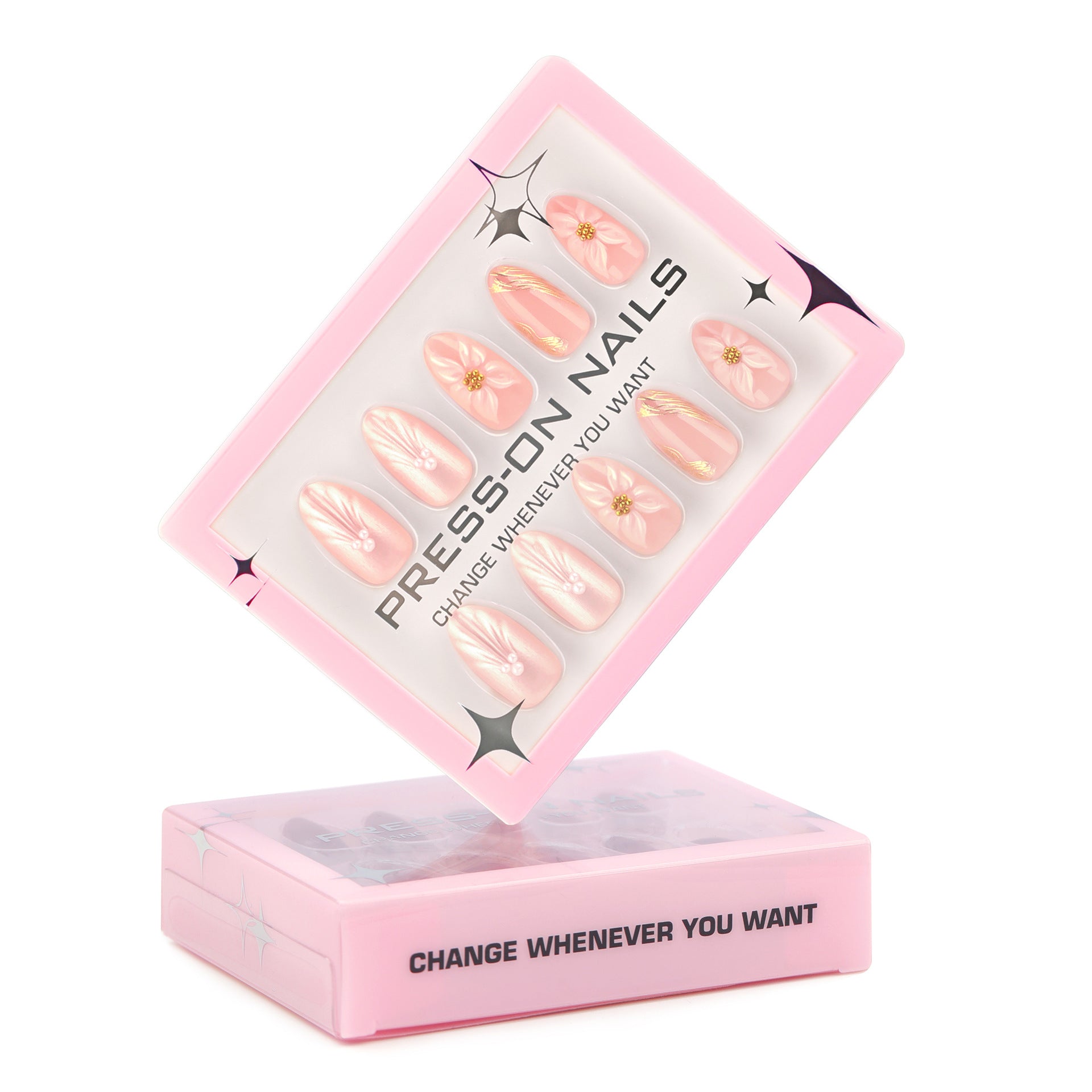 3D three-dimensional flower pearlescent flash short almond press-on nails