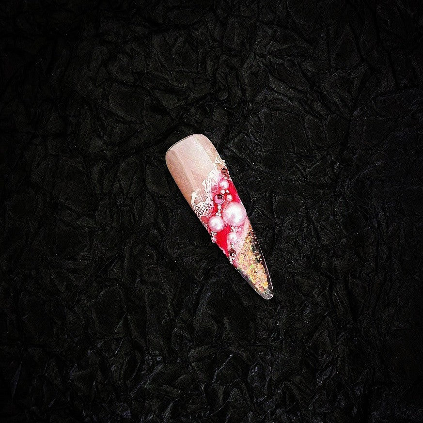[Yin Juan]New Chinese Pure Desire Wind Hand-painted smudged cheongsam floral quicksand flow hemp press on nail