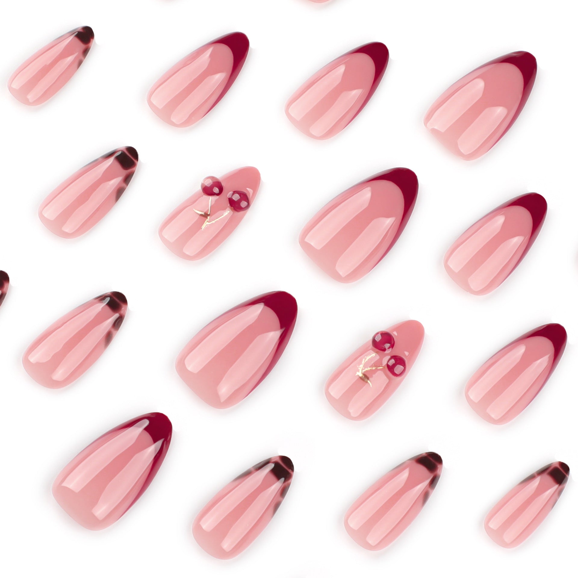 3D Cherry French Red Short Almond press-on nails