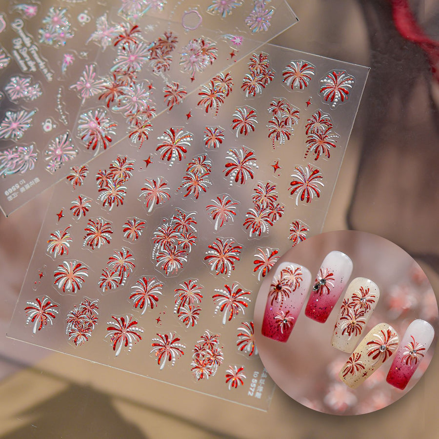 Holographic Firework Nail Stickers – 3D Embossed Red & Pink Celebration Set