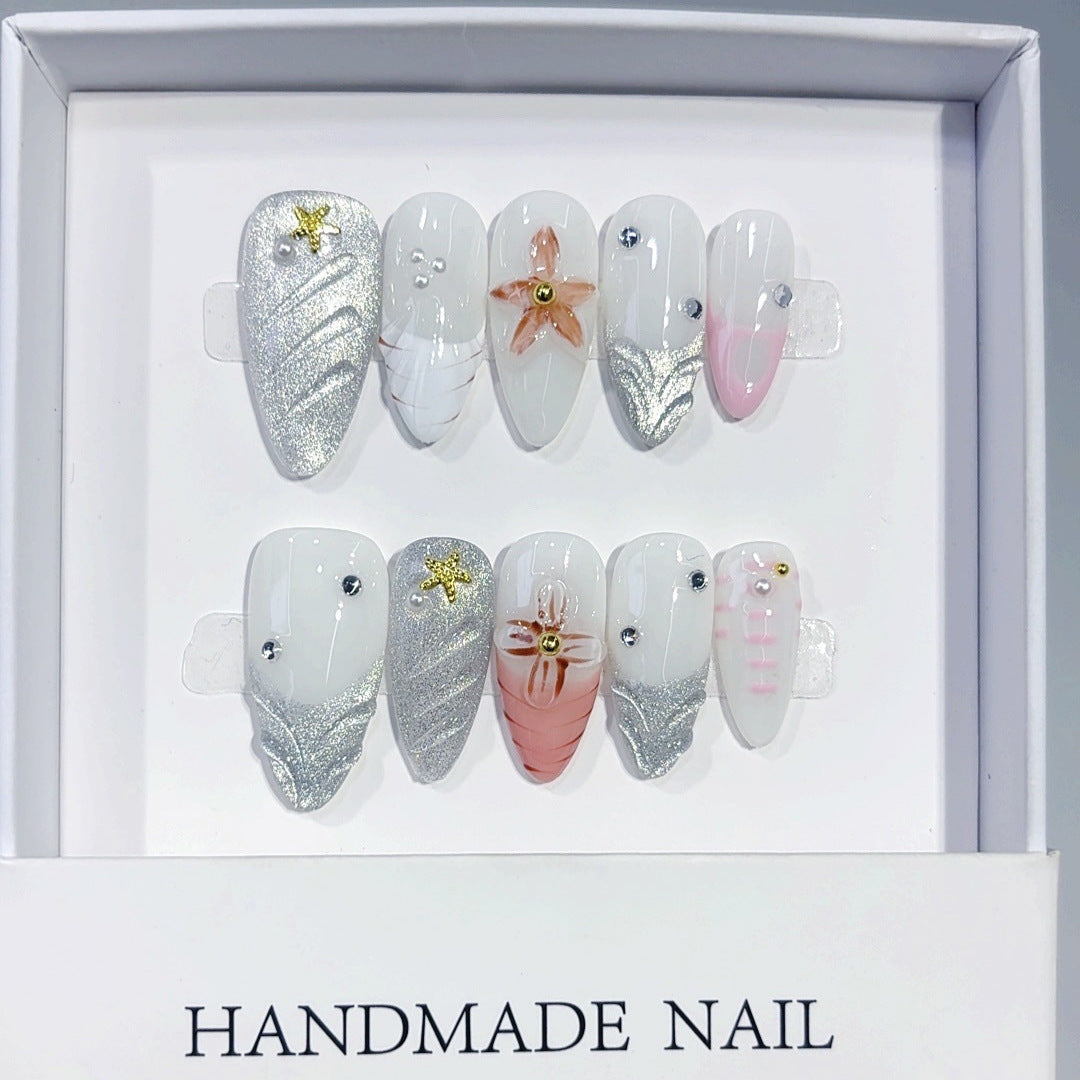 Ocean Star: "Silver Glitter Flower" – Almond Shape Handmade Press-On Nails