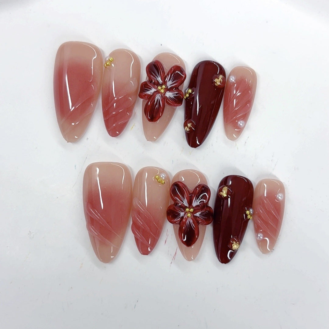 Crimson Bloom: "Scarlet Lily Grace" – Almond Press-On Nails