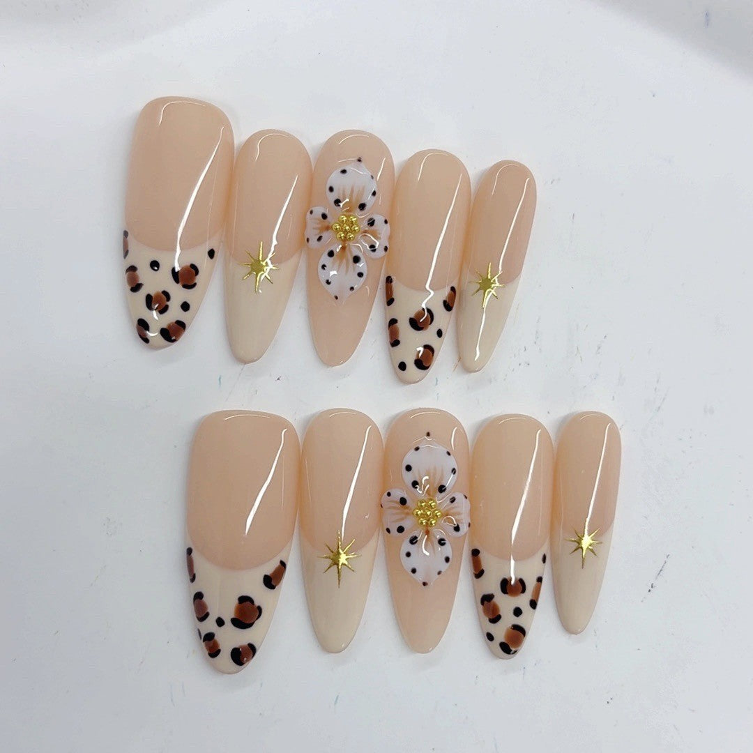 Sweet Leopard: "Leopard Blossom" – Medium Almond Nude & Leopard Print Handmade Press-On