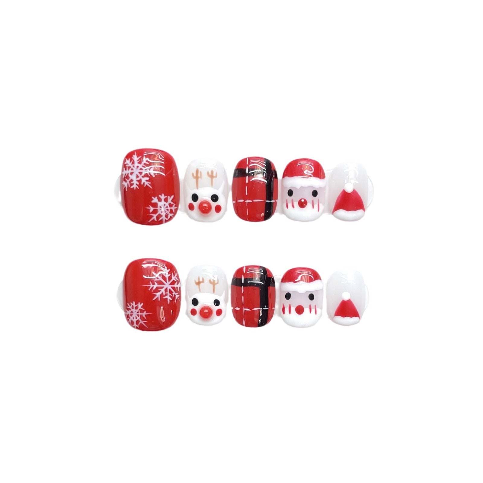 Cute Red Christmas Press‑On Nails – Reindeer Santa Snowflake Design