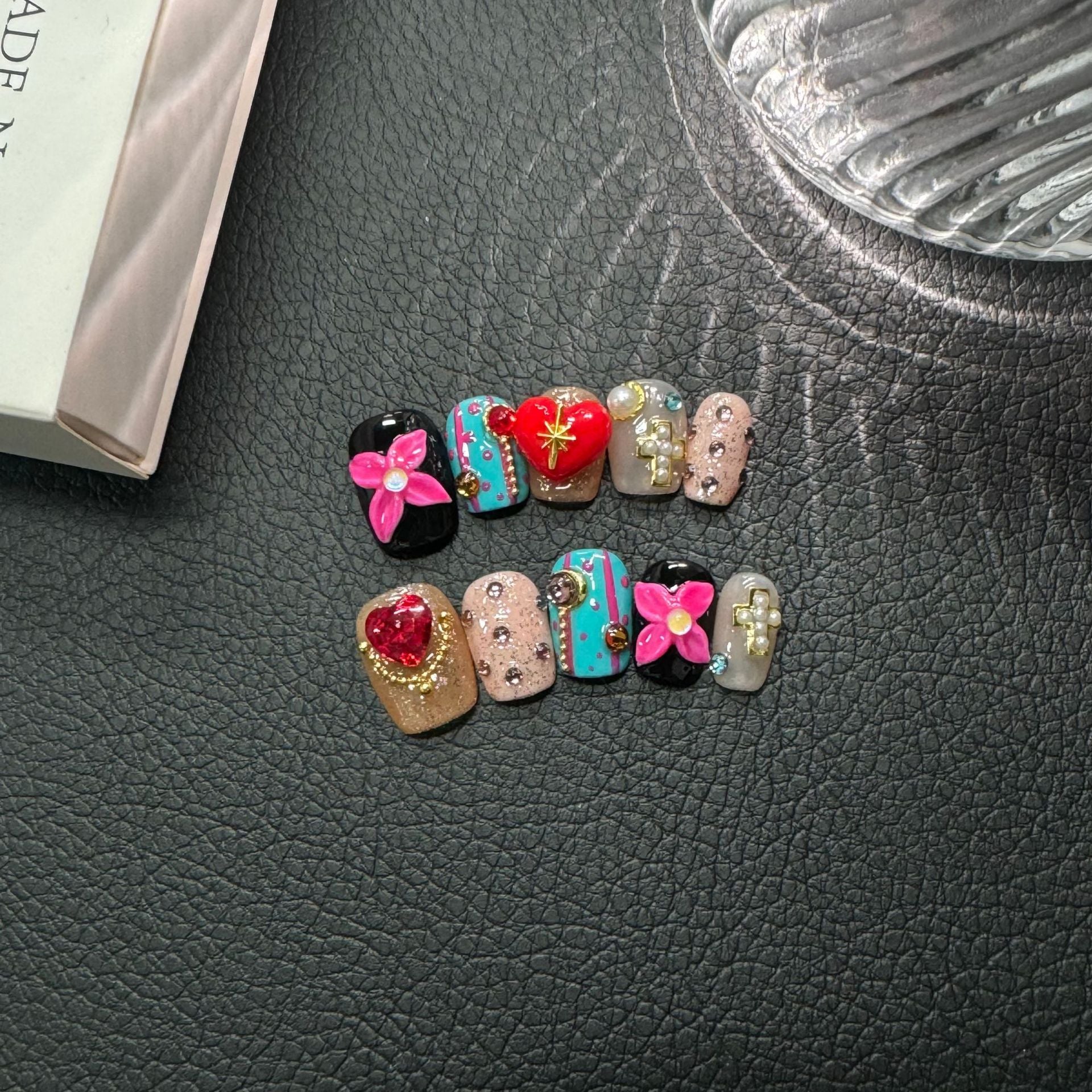 365nails: "Sweetheart's Whimsy" – 3D Floral & Heart Handmade Short Square Nails