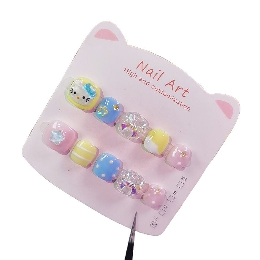 Cute Pastel Cartoon Kids Press On Nails with Crystal Accents