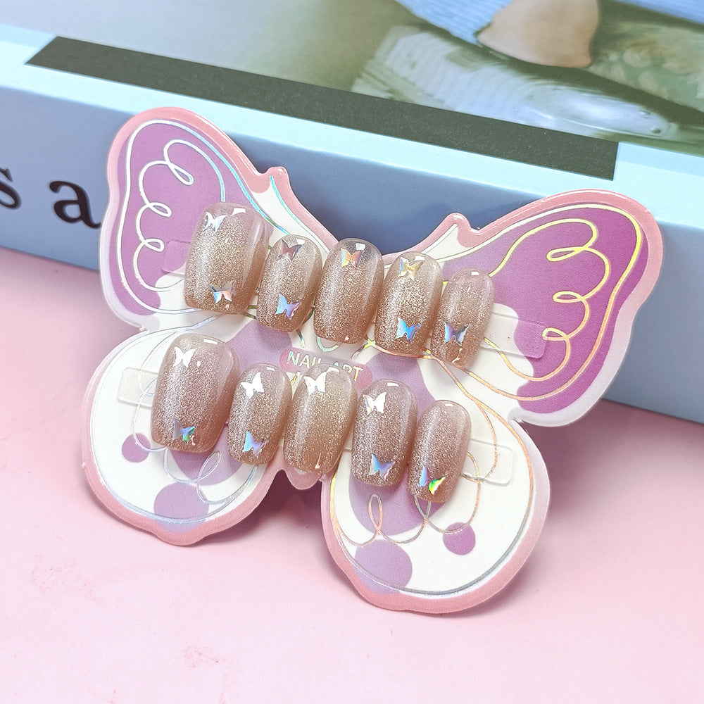 10 cat-eye girl children's manicures, laser butterfly nail stickers for children aged 10-18 wearing armor