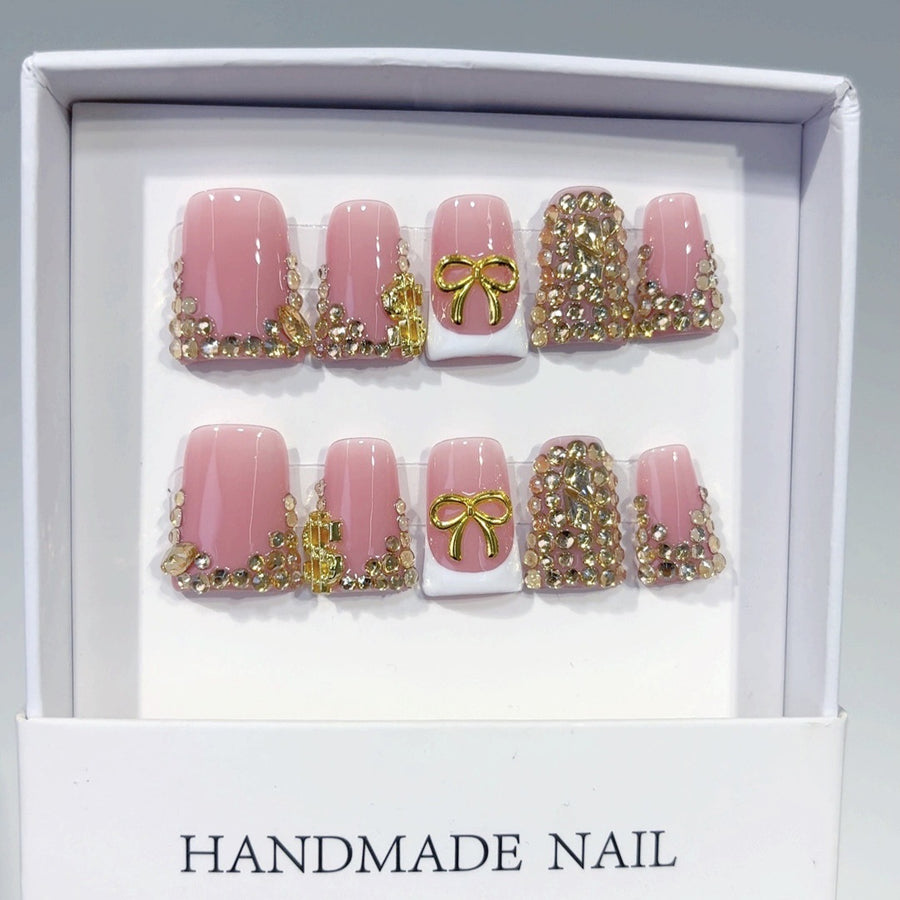 Rich Bling: "Golden Bow & Dollar" – Square Press-On Nails