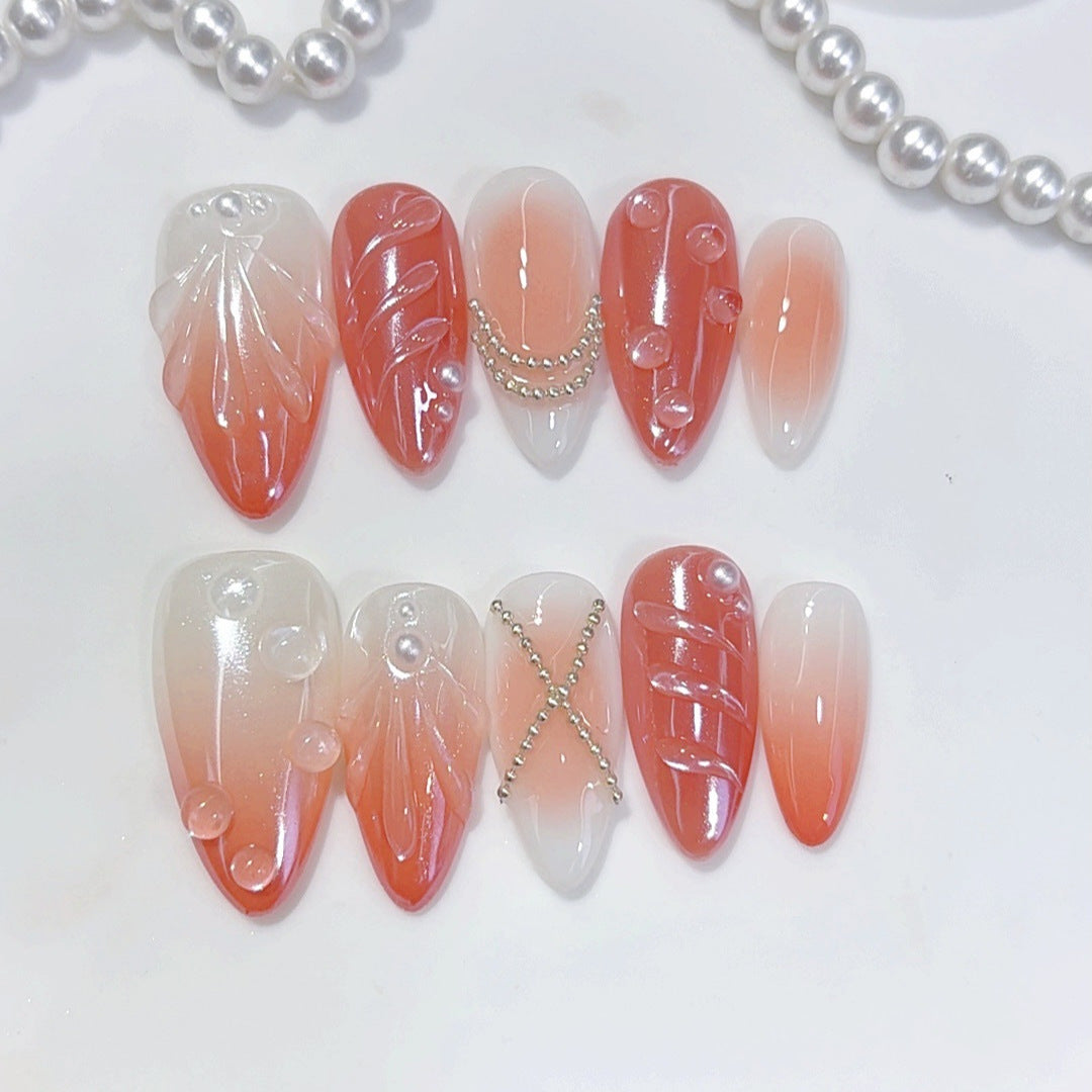 Amber Bloom : « Fleur orange dégradé » – Ongles press-on fait main forme amande