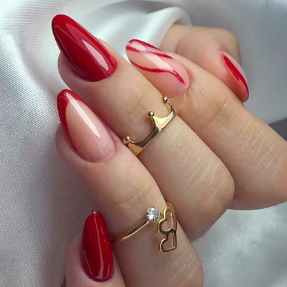 Simple Wear Nail Nail Sheet Solid Color French Red Corrugated Line Almond Nail Detachable Finished Nail Sheet Wholesale｜365nails