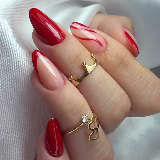 Simple Wear Nail Nail Sheet Solid Color French Red Corrugated Line Almond Nail Detachable Finished Nail Sheet Wholesale｜365nails