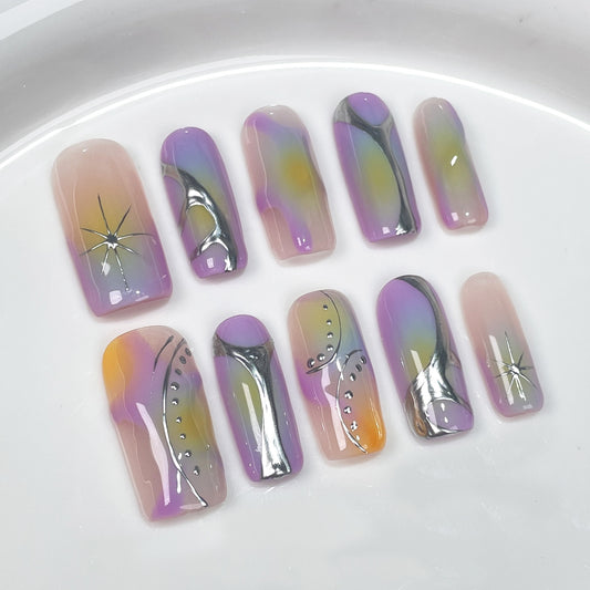 Tecnologia Futura Metal Spice Girl Dream Colorido Feito à Mão Unhas Pressionadas Médias e Longas Patch de Unhas ｜365nails