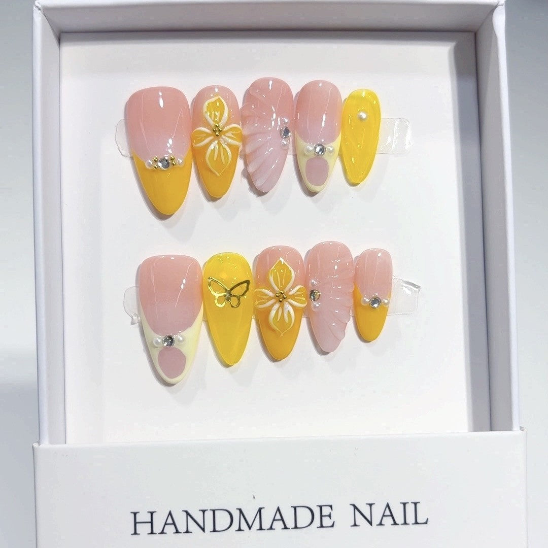 Spring Bloom Series: "Butterfly Lemonade" – Almond Handmade Press-on Nails
