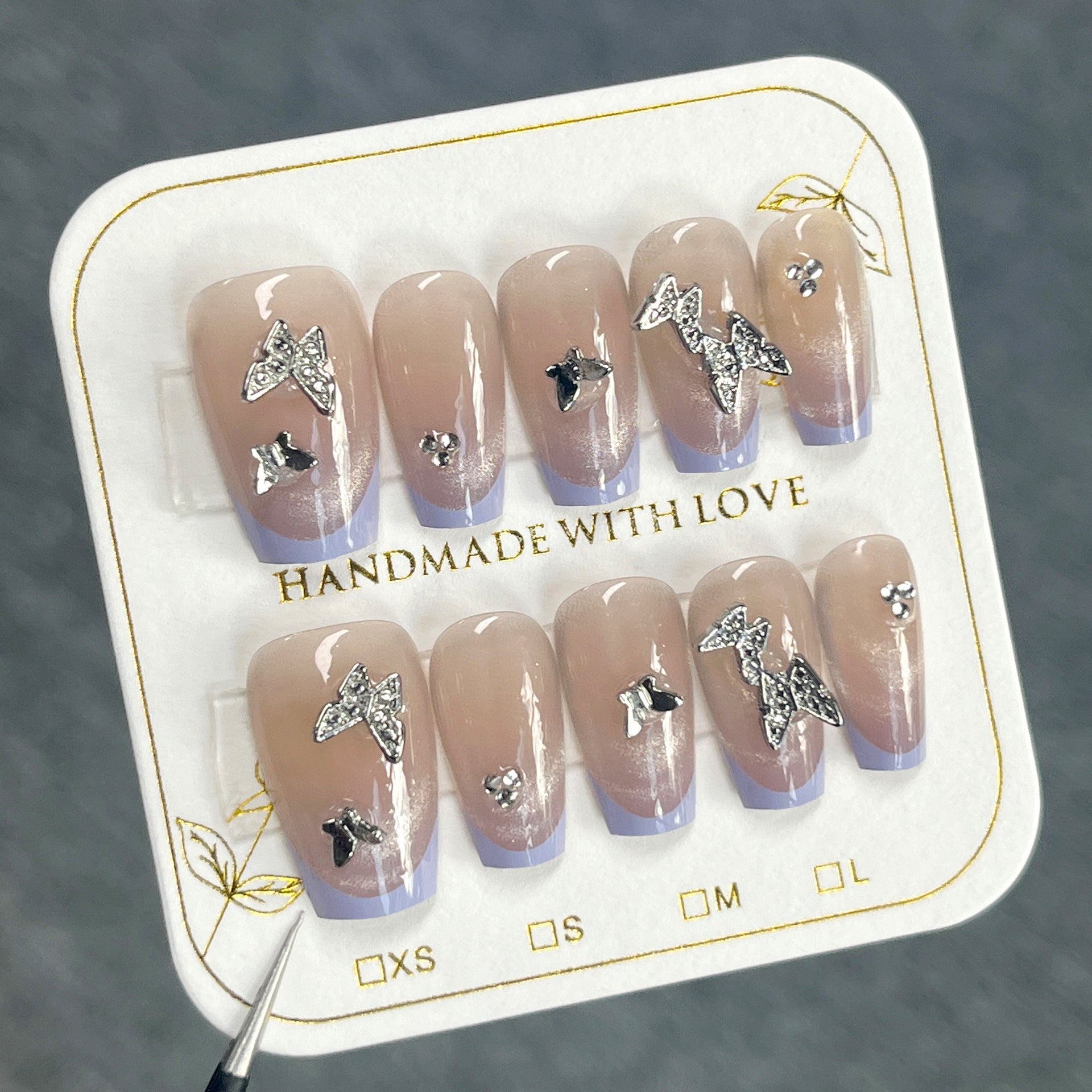 Nueva pieza de verano, uña postiza a presión, estilo francés, morado, ojo de gato, uñas a presión, uña de mariposa tridimensional, producto terminado｜365nails