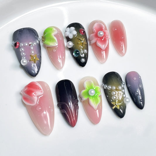 Handemade press on nails 3D Three-dimensional Carving Ice Transparent Blush Nail Sweet Cool Spice Girl   Almond Nail｜365nails