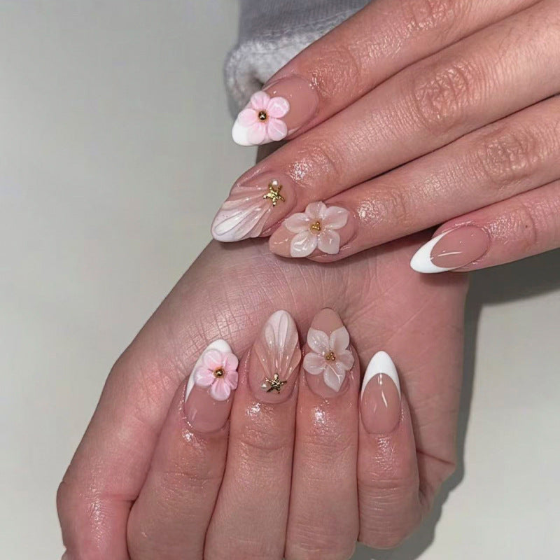Short Almond 3D Stereo Pink Flower press-on nails