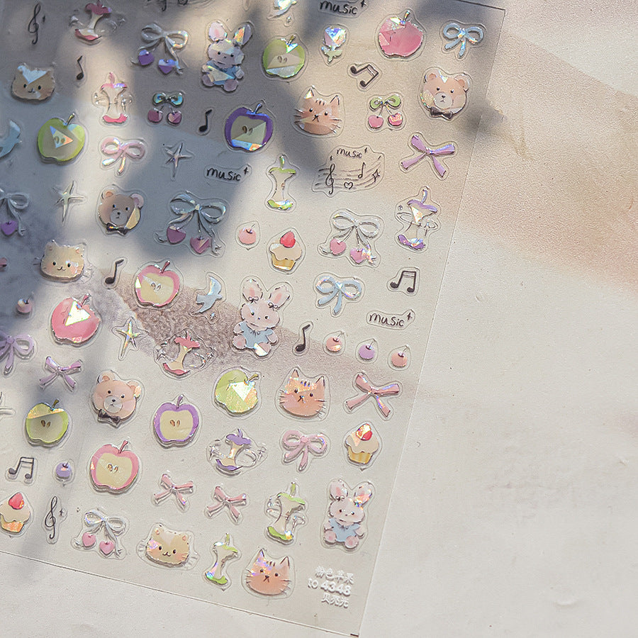 Embossed Animal Nail Stickers – Holographic Bunny & Teddy Bear Set