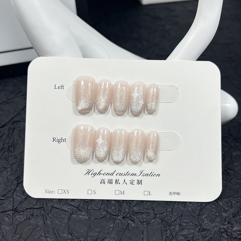 Uñas postizas cortas de ojo de gato con diseño de estrella, hechas a mano, para primavera y otoño, blanqueamiento, acabado desmontable ｜365nails
