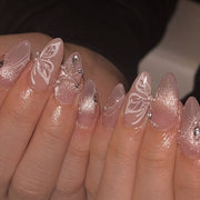 Naked pink cat eye sparkle butterfly short almond press-on nails
