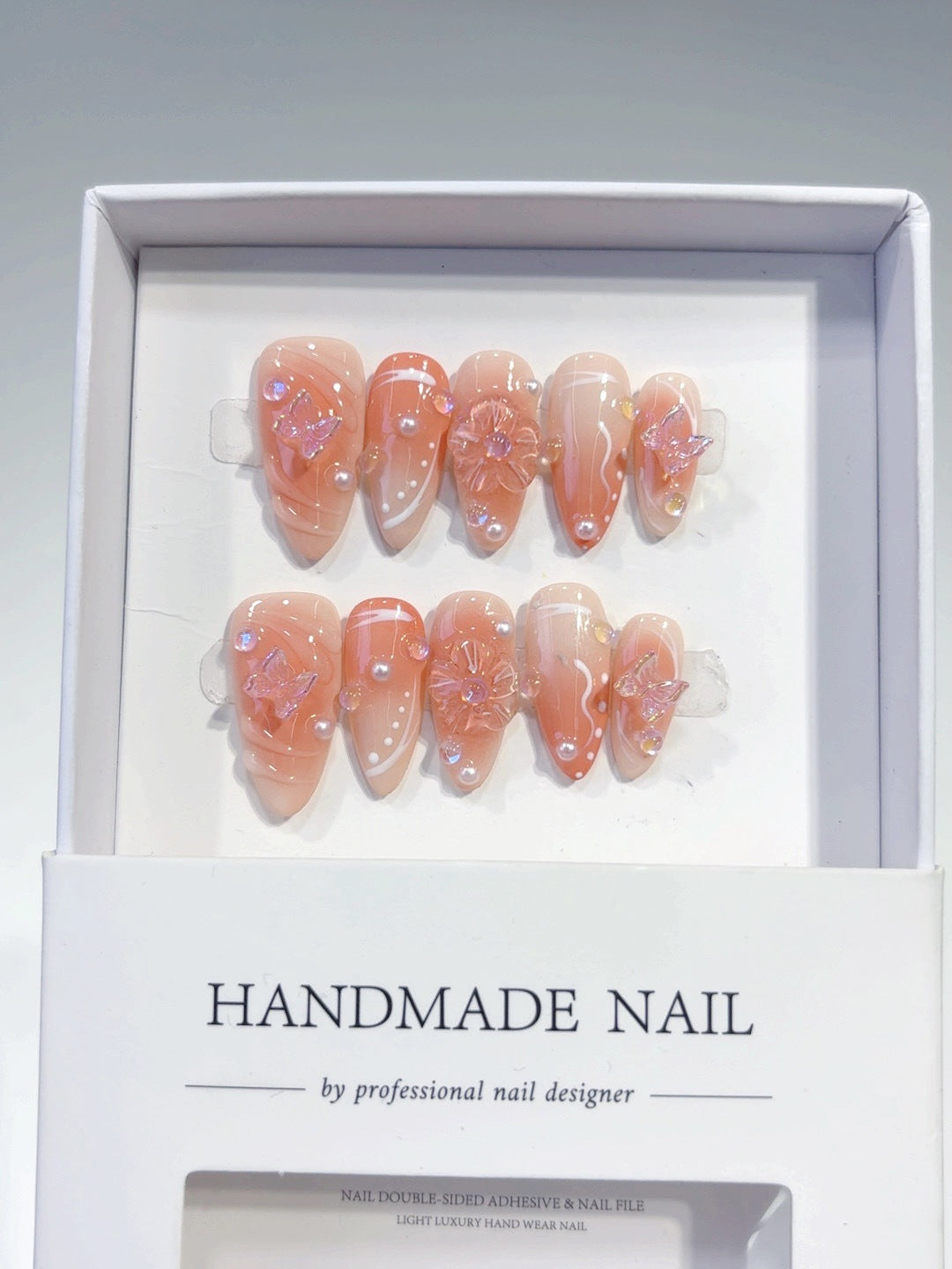 Blush Butterfly: "Peach Blossom Grace" – Almond Press-On Nails