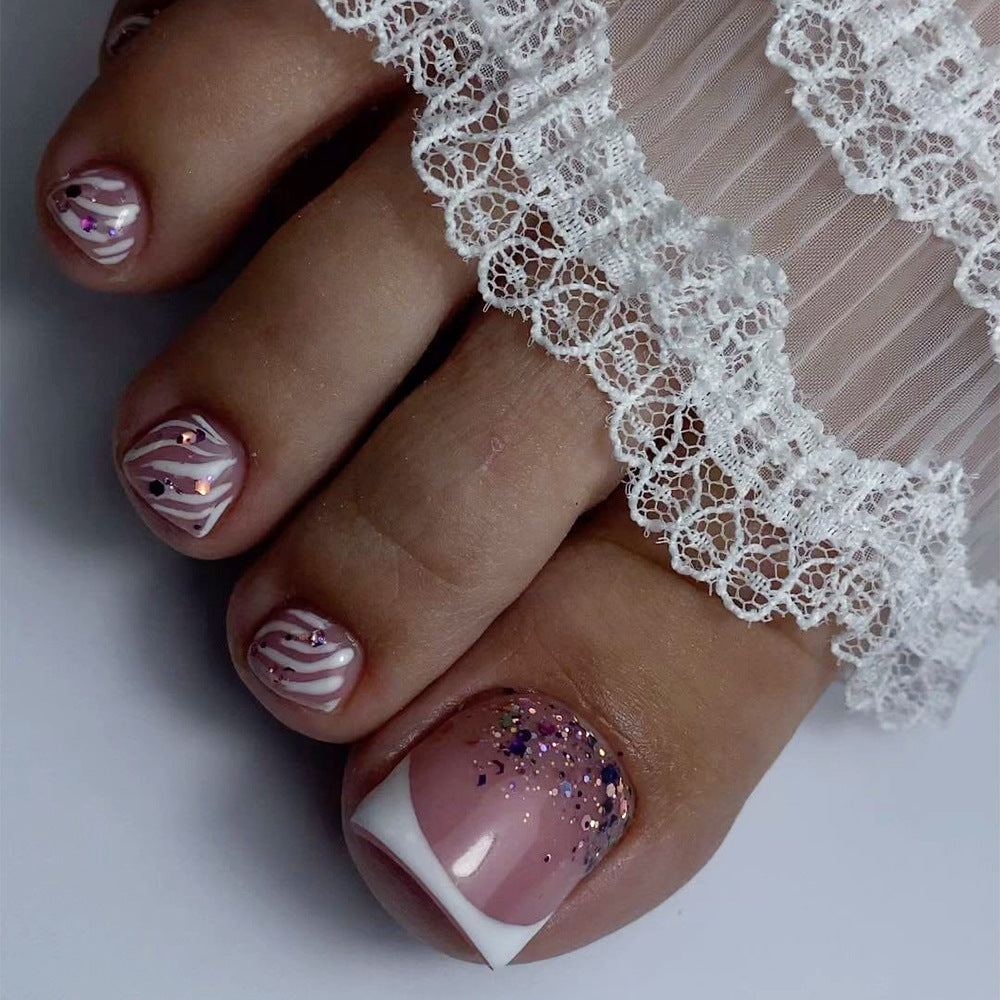 Short Wear Foot Nail Removable French Toenail Patch Nail Patch New White Striped Foot Nail Art Wholesale｜365nails