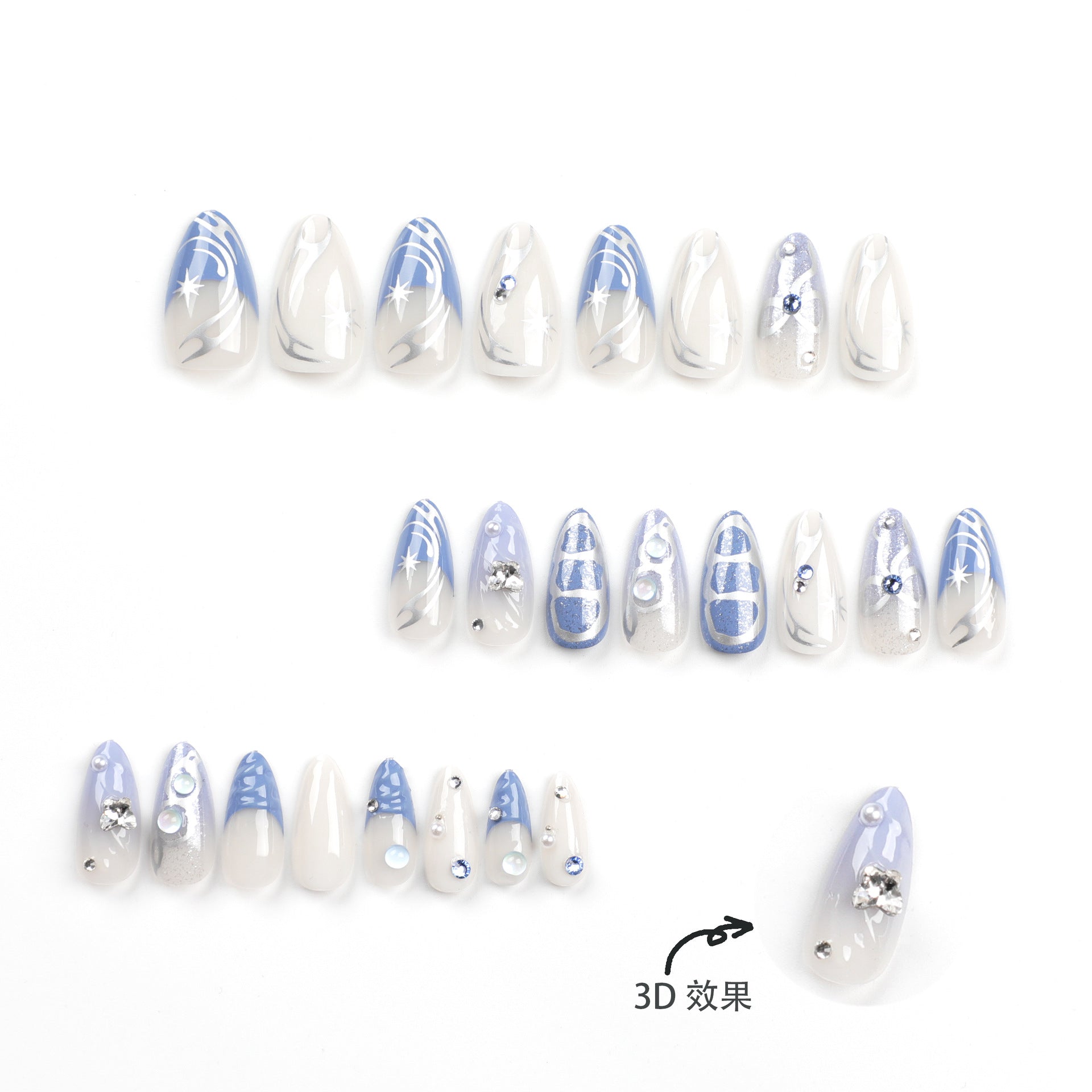 Cross-border explosion 3D bow French wearing armor new y2k silver star flash diamond human fish bead nail art