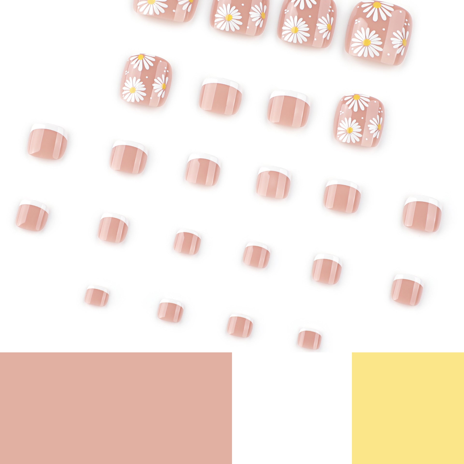Nuevos productos de primavera y verano, flores de margarita, uñas de los pies simples y pequeñas, uñas de los pies frescas, pies blancos franceses, almohadillas para uñas a presión｜365nails