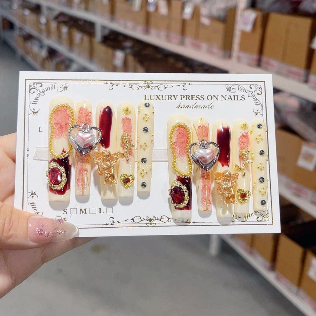 Ivory Red Baroque Heart Crystal Press On Nails